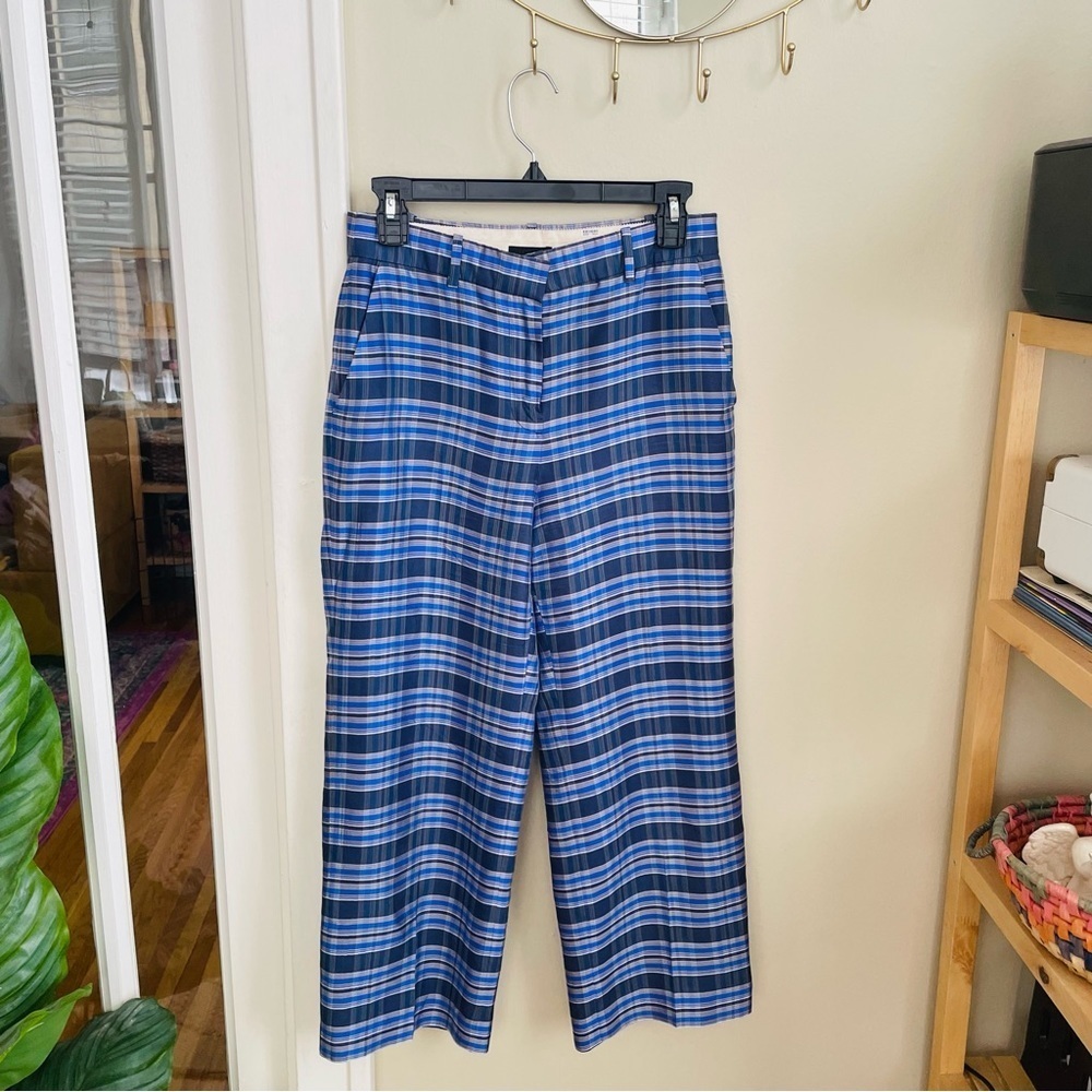 J. Crew Silk Blue Plaid Wide Leg Pant - Picture 3 of 8